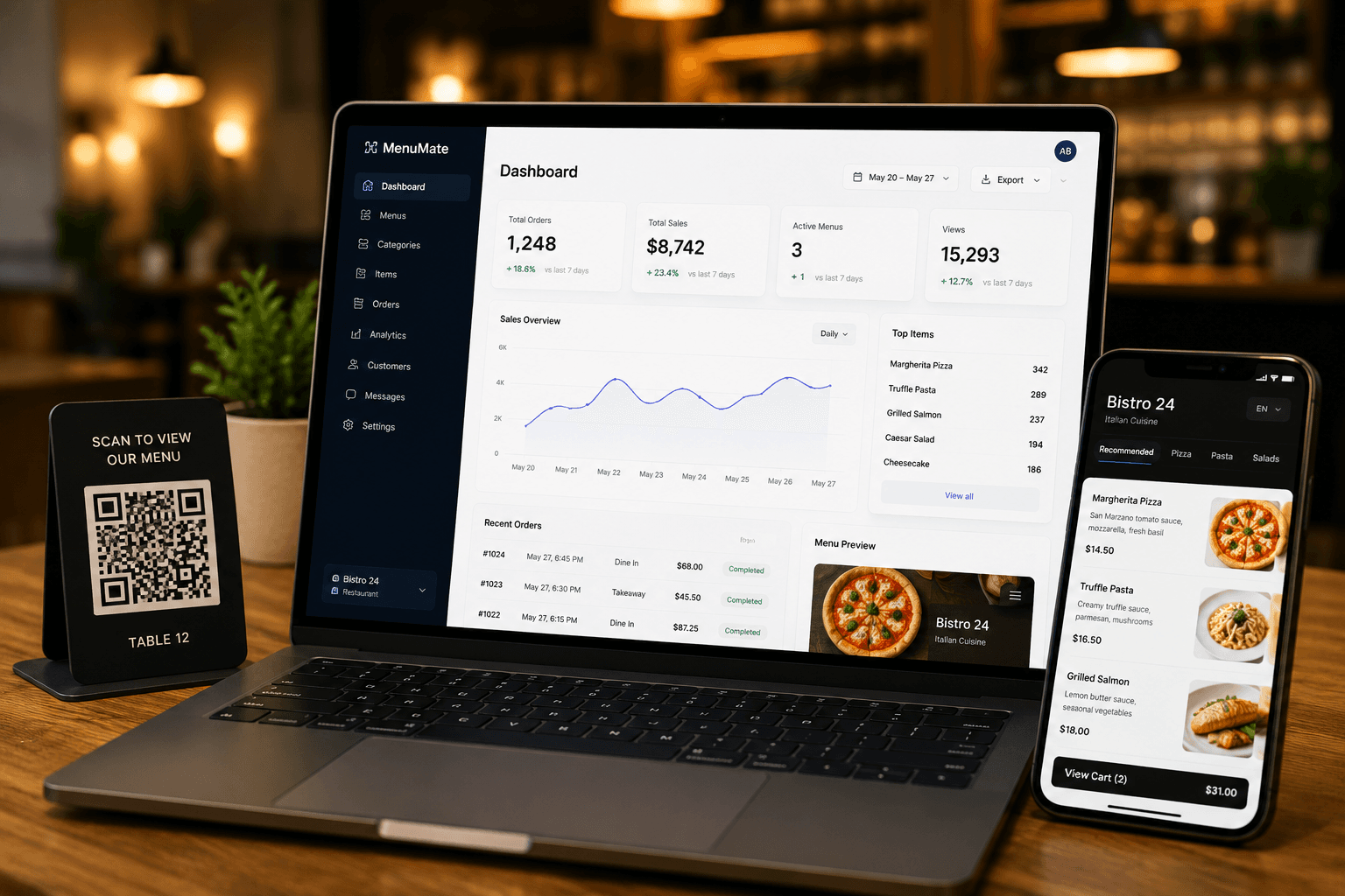 MenuMate restaurant digital menu dashboard with QR code ordering and mobile menu preview